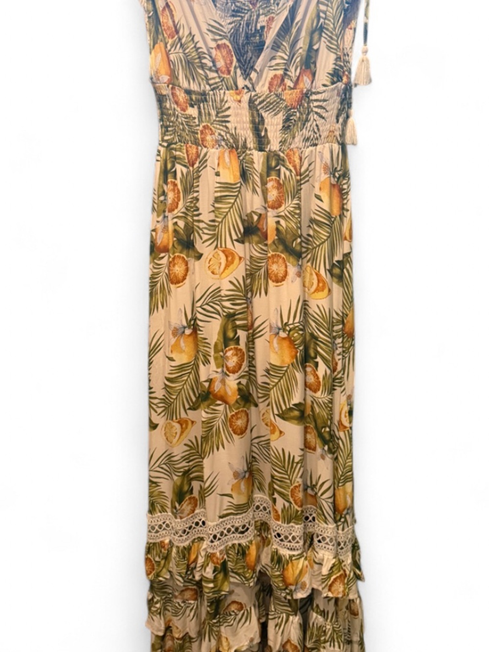 L'ATISTE Beige Maxi Skirt with Green Palm & Orange/Lemons Fruit Print